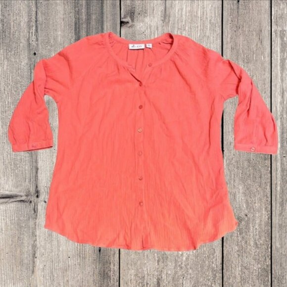 D&Co Tunic Top Peach Pink Long Sleeve Button Up Crinkle Texture Shirt size XS - Picture 4 of 9
